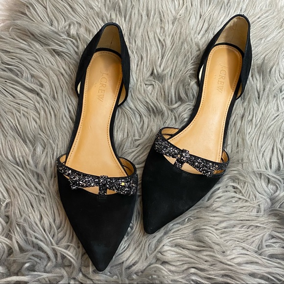 J.Crew Suede d'Orsay black  flats with glitter bow - Picture 2 of 12